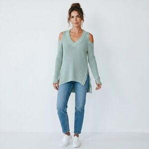 Rock & Republic Women's Green Rib Knit Sweater Shoulder Cutout Asymmetrical Zip